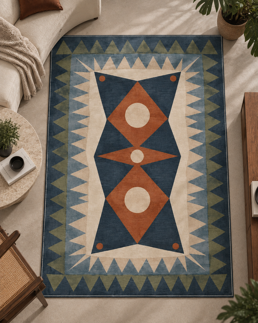 Etnik Geometrik Desenli Halı dekorasyon ve oda mockup görünümü - bohem etnik desenli halı - RugWest