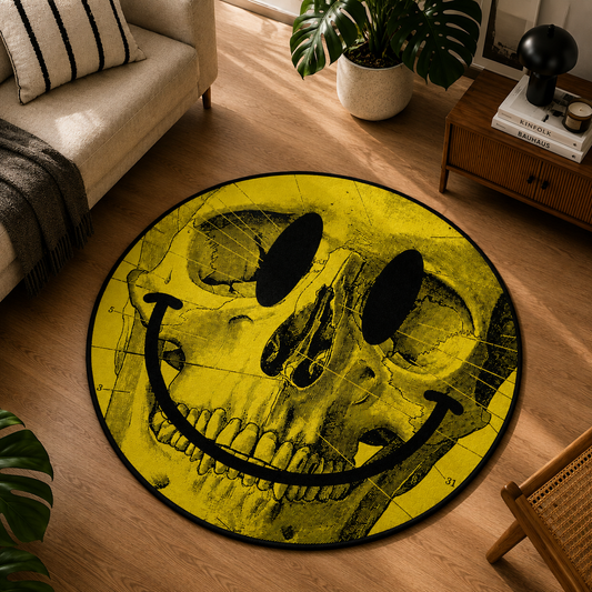 Sarı Kuru Kafa Smiley Tasarımlı Yuvarlak Halı dekorasyon ve oda mockup görünümü - RugWest