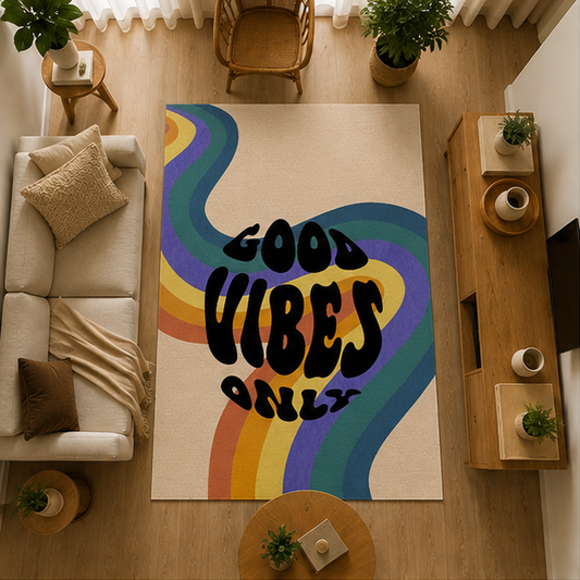 Good Vibes Only Renkli Retro Tasarım Halı dekorasyon ve oda mockup görünümü - RugWest