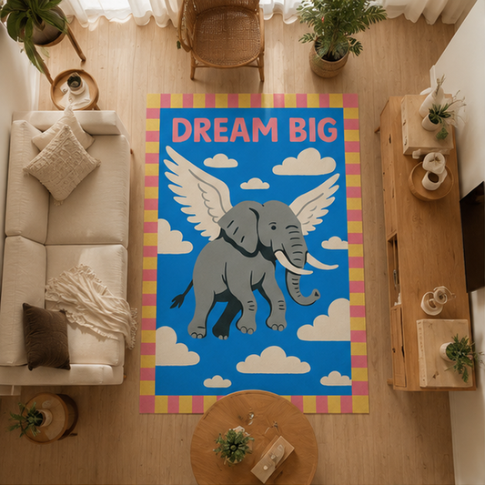 Dream Big Uçan Fil Renkli Tasarım Halı dekorasyon ve oda mockup görünümü - RugWest