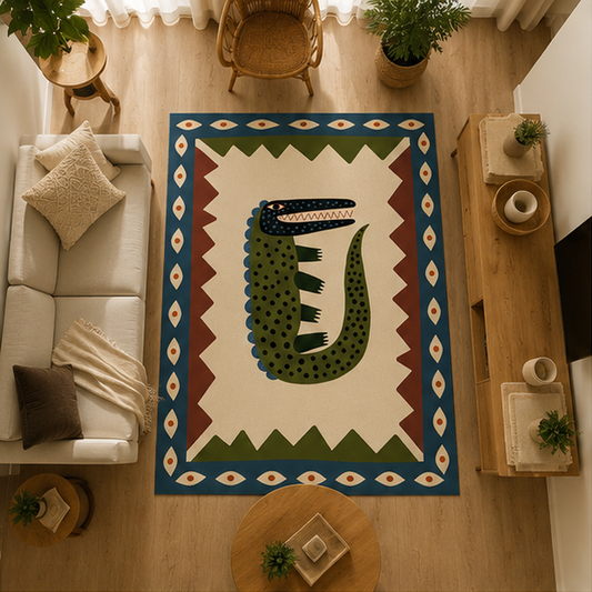 Timsah Desenli Etnik Tasarım Halı dekorasyon ve oda mockup görünümü - RugWest