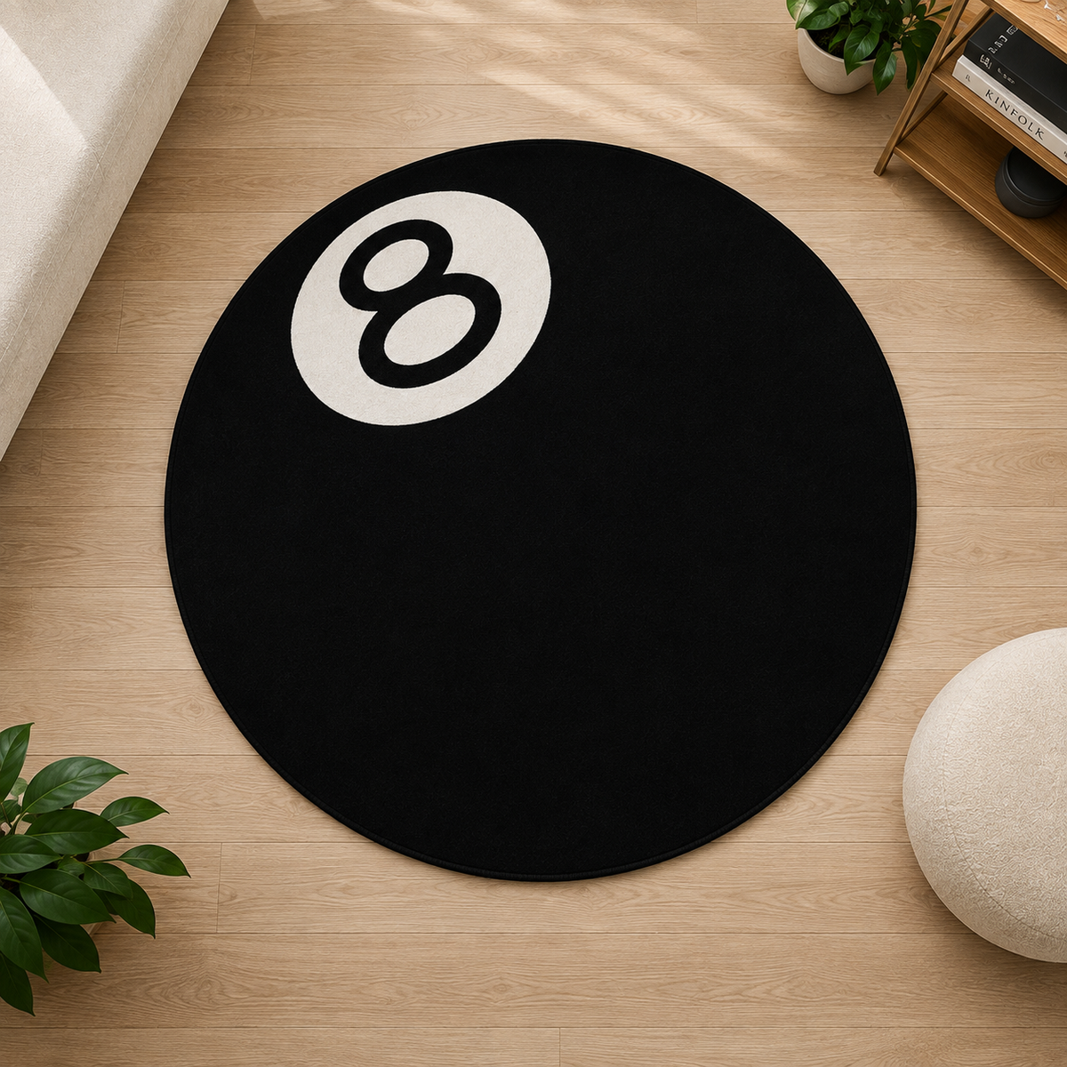 8 Ball Bilardo Topu Tasarımlı Yuvarlak Halı dekorasyon ve oda mockup görünümü - RugWest