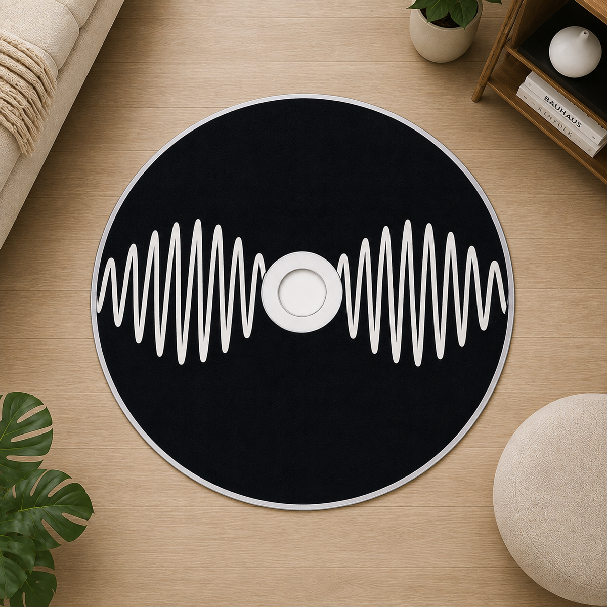 Arctic Monkeys AM CD Tasarımlı Yuvarlak Halı dekorasyon ve oda mockup görünümü - RugWest