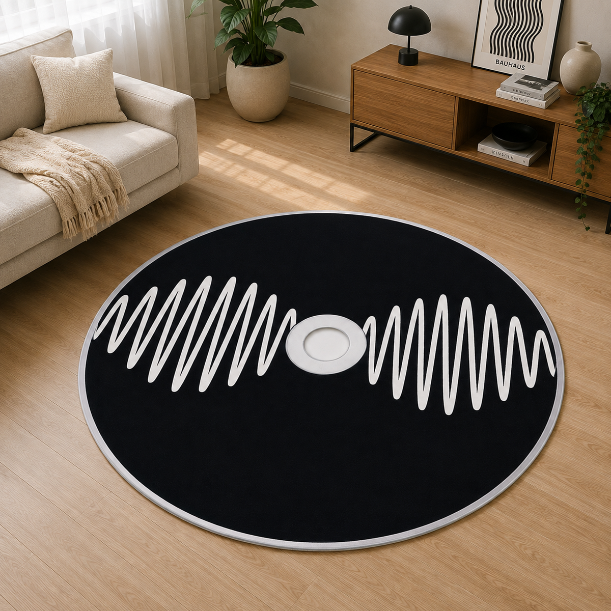 Arctic Monkeys AM CD Tasarımlı Yuvarlak Halı mekan içinde kullanım görünümü - RugWest