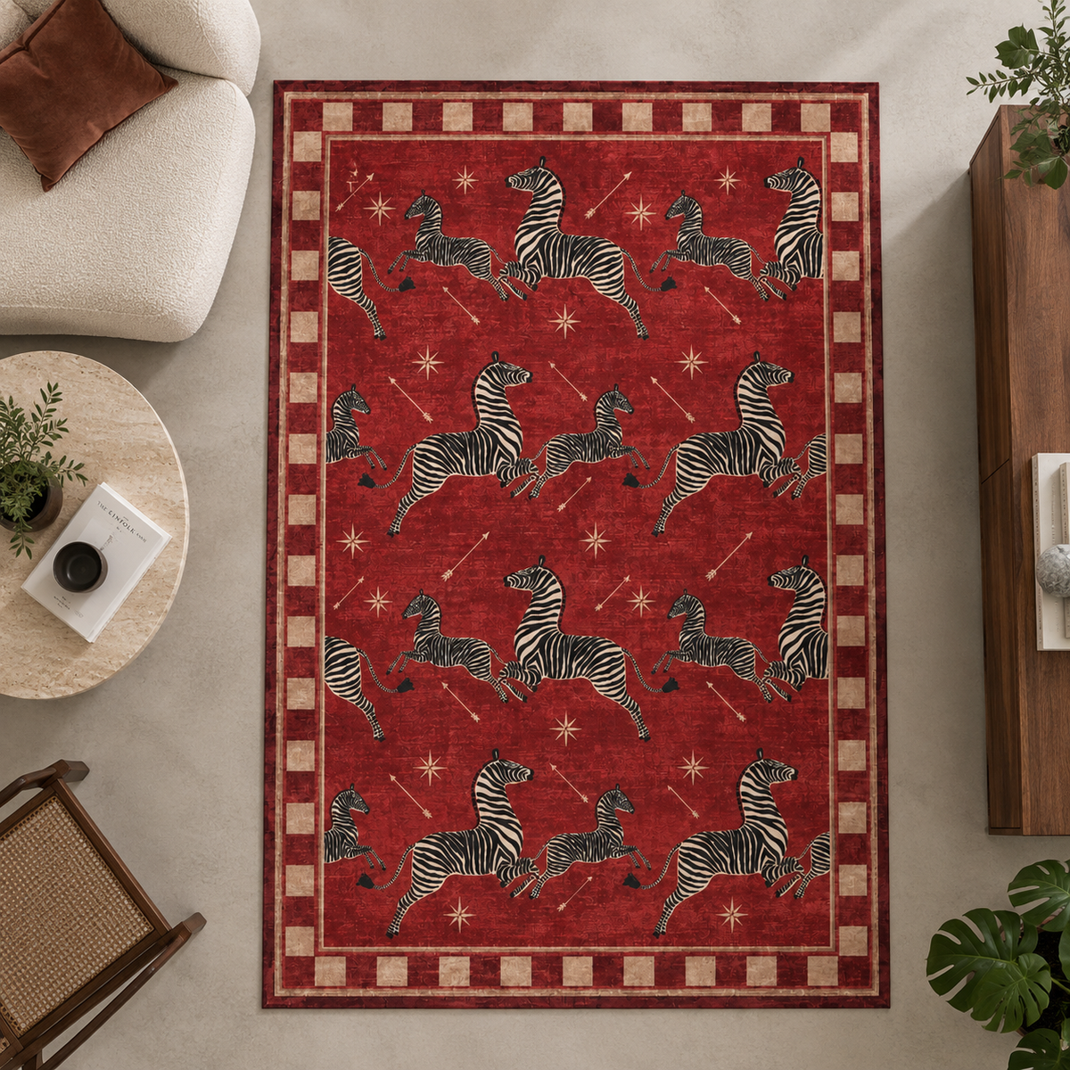 Kırmızı Vintage Zebra Desenli Halı