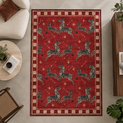 Kırmızı Vintage Zebra Desenli Halı