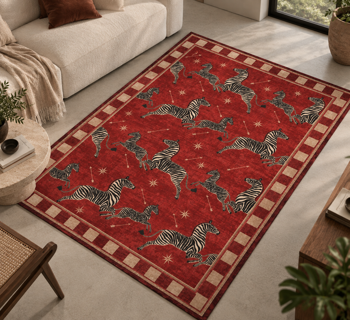 Kırmızı Vintage Zebra Desenli Halı