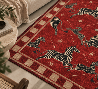 Kırmızı Vintage Zebra Desenli Halı