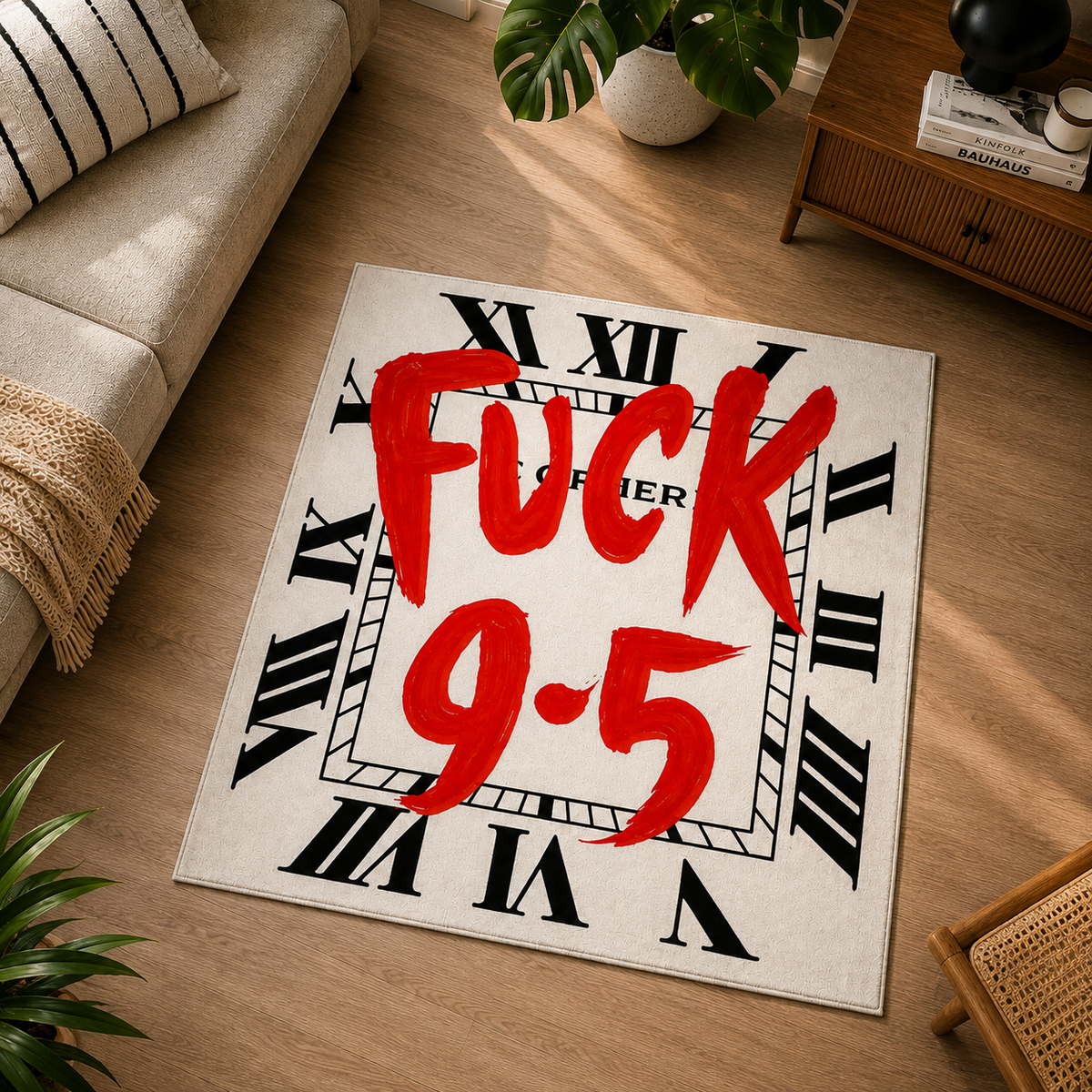 F*ck 9-5 Saat Tasarımlı Kare Halı yakın detay ve baskı görünümü - RugWest