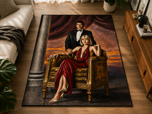 Scarface Tony Montana Tasarımlı Dikdörtgen Halı dekorasyon ve oda mockup görünümü - RugWest