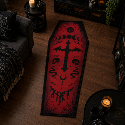 Kırmızı Gotik Tabut Halı dekorasyon ve oda mockup görünümü - RugWest
