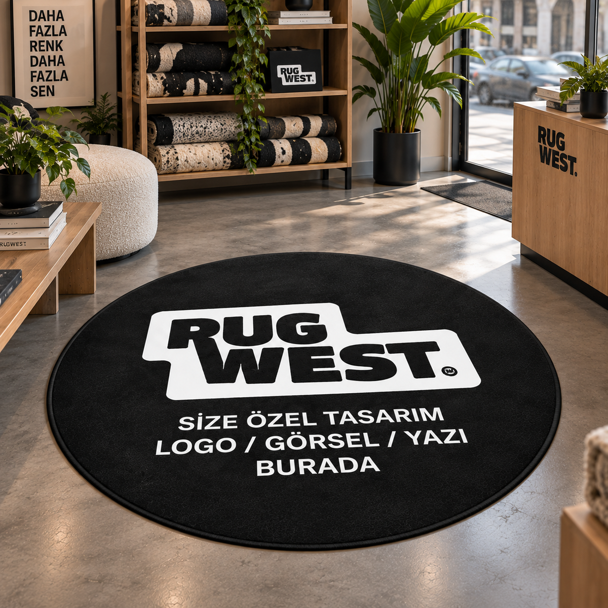 Kişiye Özel Yuvarlak Halı - Logo ve Görsel Baskılı dekorasyon ve oda mockup görünümü - RugWest