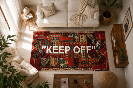 Keep Off Etnik Patchwork Tasarım Halı dekorasyon ve oda mockup görünümü - RugWest