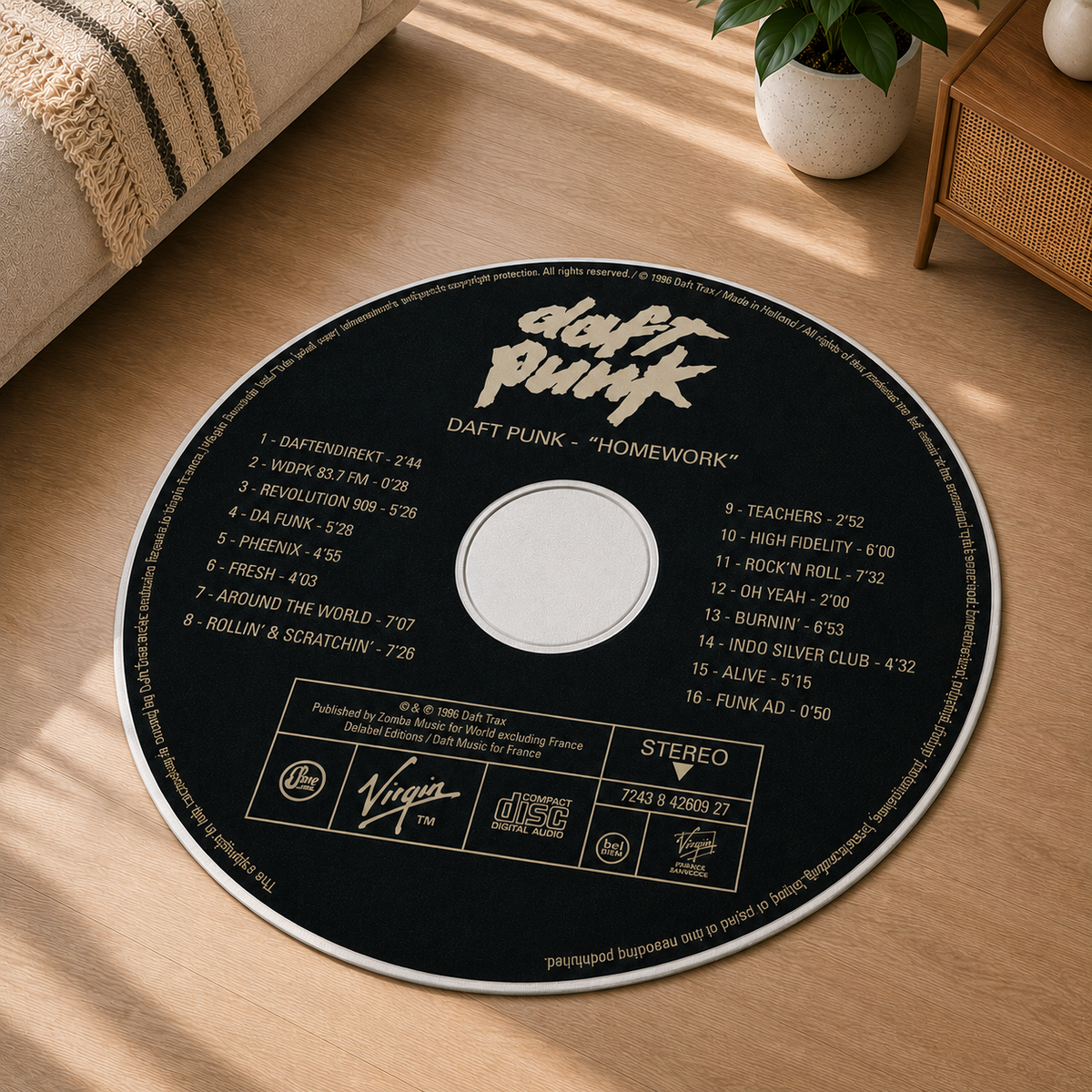 Daft Punk Homework CD Tasarımlı Yuvarlak Halı mekan içinde kullanım görünümü - RugWest