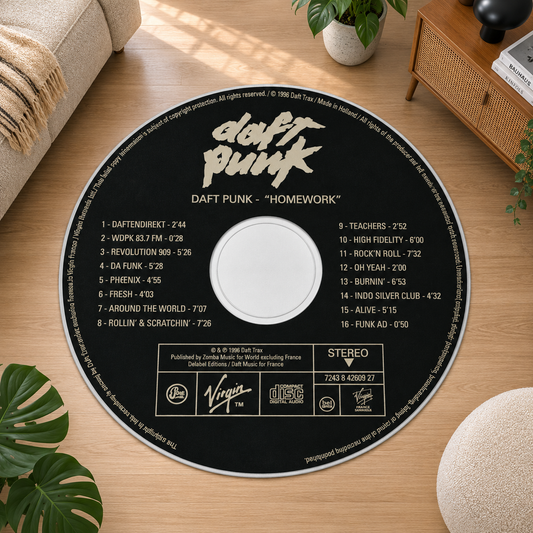 Daft Punk Homework CD Tasarımlı Yuvarlak Halı dekorasyon ve oda mockup görünümü - RugWest