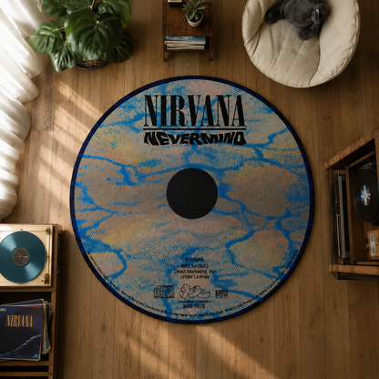 Nirvana Nevermind CD Tasarımlı Yuvarlak Halı dekorasyon ve oda mockup görünümü - RugWest