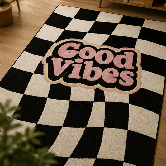 Good Vibes Siyah Beyaz Damalı Tasarım Halı dekorasyon ve oda mockup görünümü - RugWest
