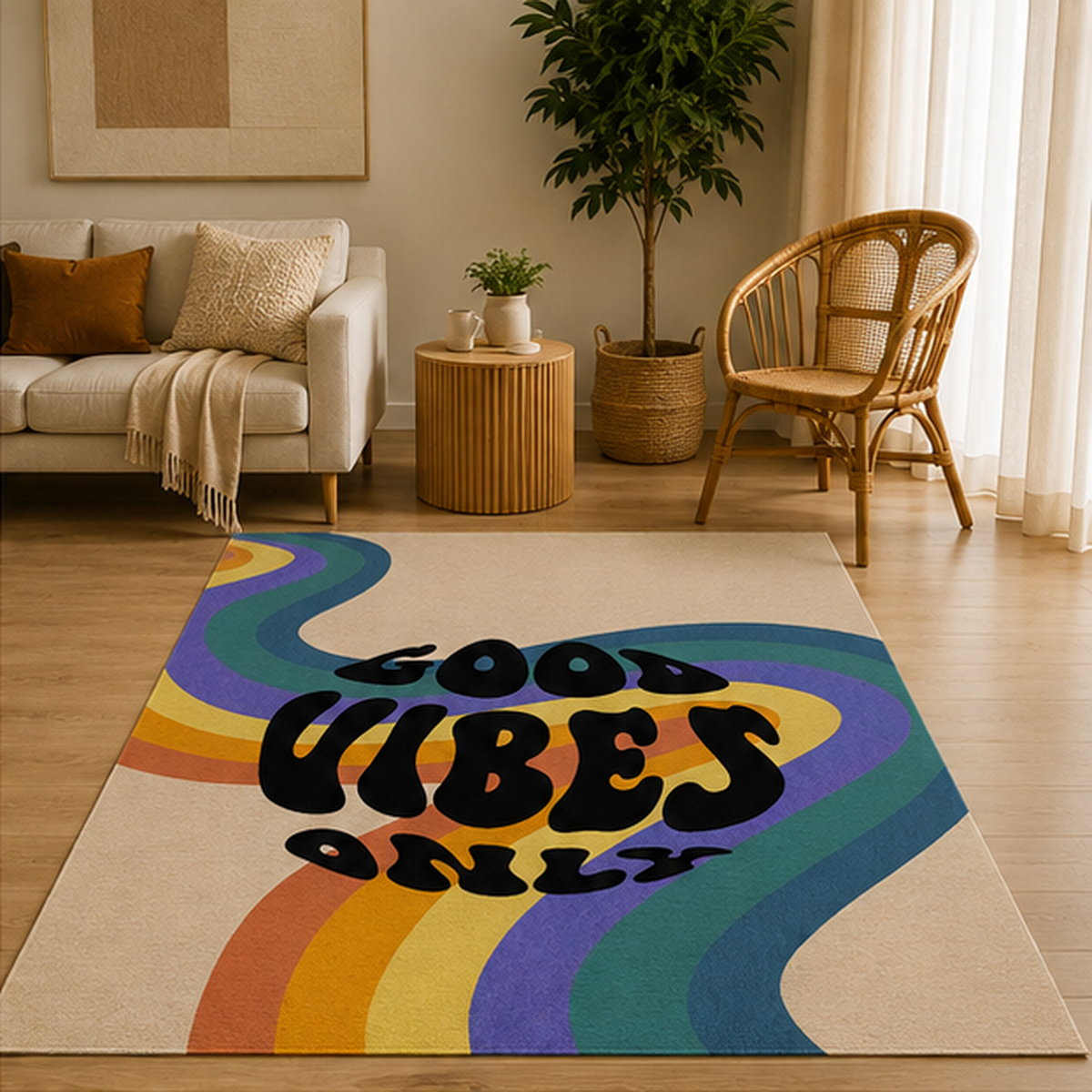 Good Vibes Only Renkli Retro Tasarım Halı mekan içinde kullanım görünümü - RugWest