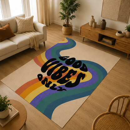 Good Vibes Only Renkli Retro Tasarım Halı yakın detay ve baskı görünümü - RugWest