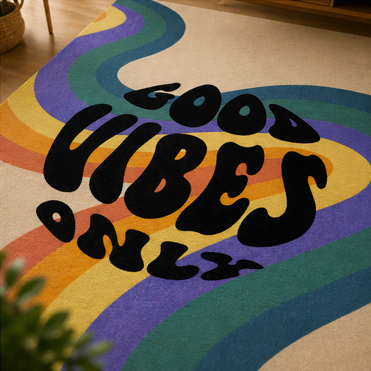 Good Vibes Only Renkli Retro Tasarım Halı ürün özellikleri ve kullanım detayları - RugWest