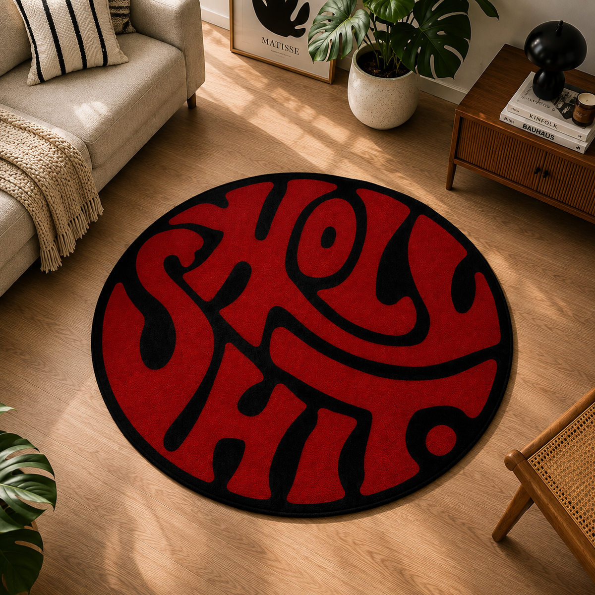 Holy Sh*t Yazılı Retro Yuvarlak Halı mekan içinde kullanım görünümü - RugWest