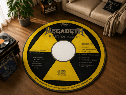 Megadeth Rust in Peace CD Tasarımlı Yuvarlak Halı mekan içinde kullanım görünümü - RugWest