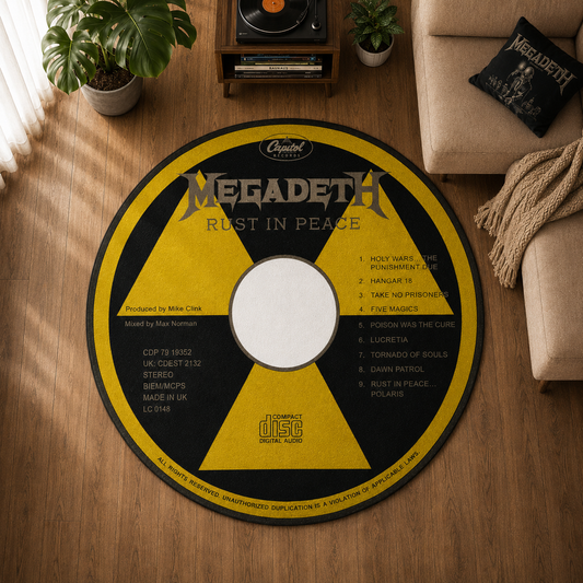 Megadeth Rust in Peace CD Tasarımlı Yuvarlak Halı dekorasyon ve oda mockup görünümü - RugWest