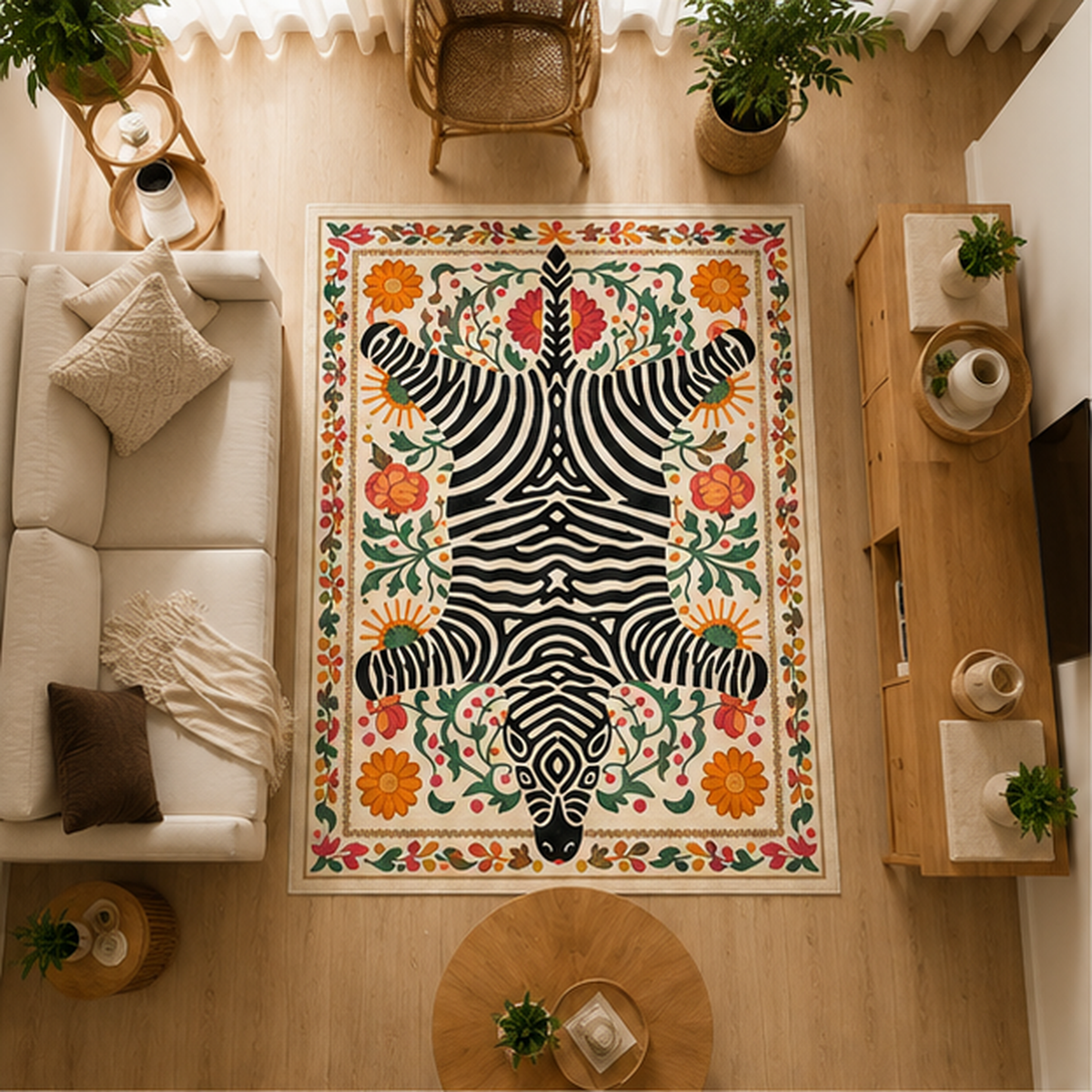 Zebra Çiçek Desenli Bohem Tasarım Halı dekorasyon ve oda mockup görünümü - RugWest