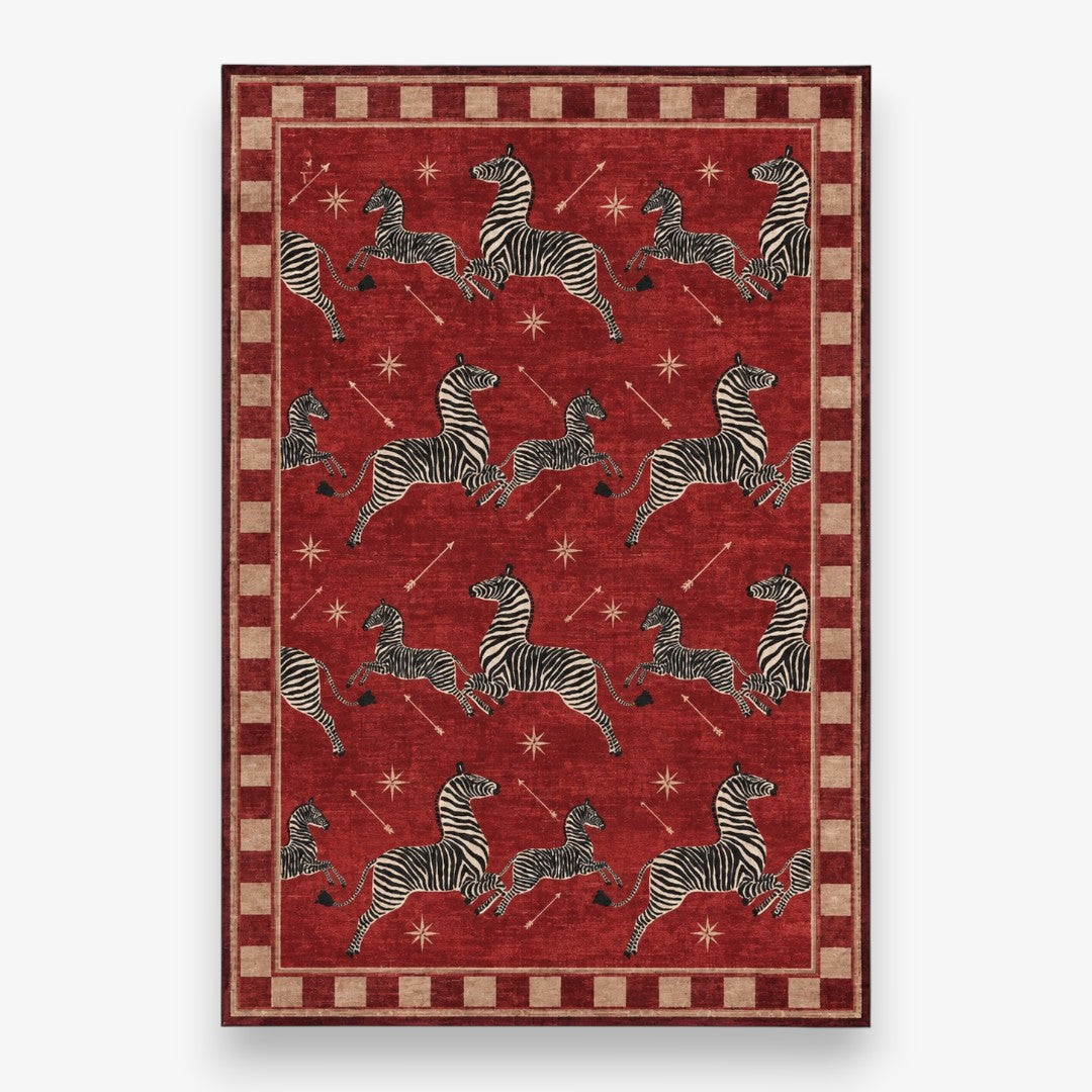 Kırmızı Vintage Zebra Desenli Halı